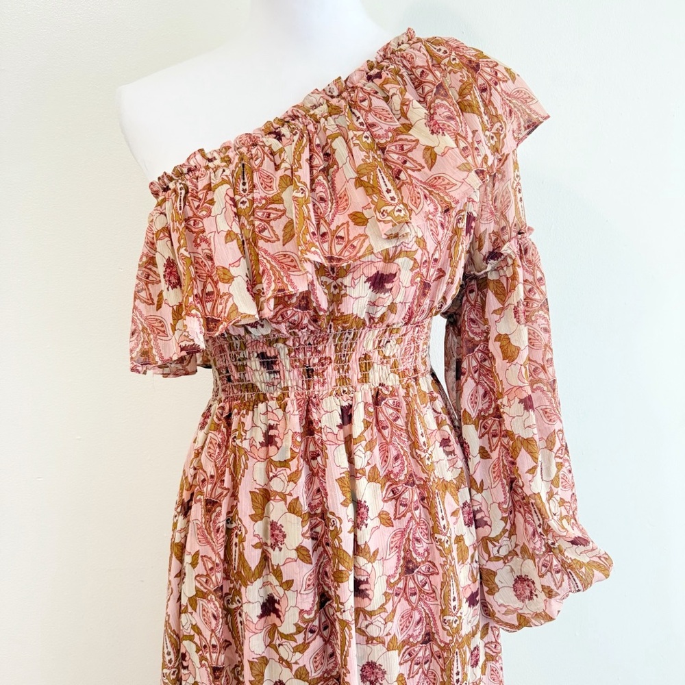 MISA VOLA PINK CREAM BROWN FLORAL RUFFLE ONE SHOULDER LONG SLEEVE MIDI DRESS - Picture 4 of 12